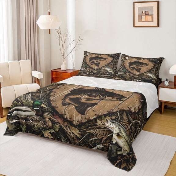 Feelyou Rustic Outdoor Bass Fishing Full Size Sheets for Men Boys, Country Woodland Animal Bed Sheets, Brown, 4-Piece