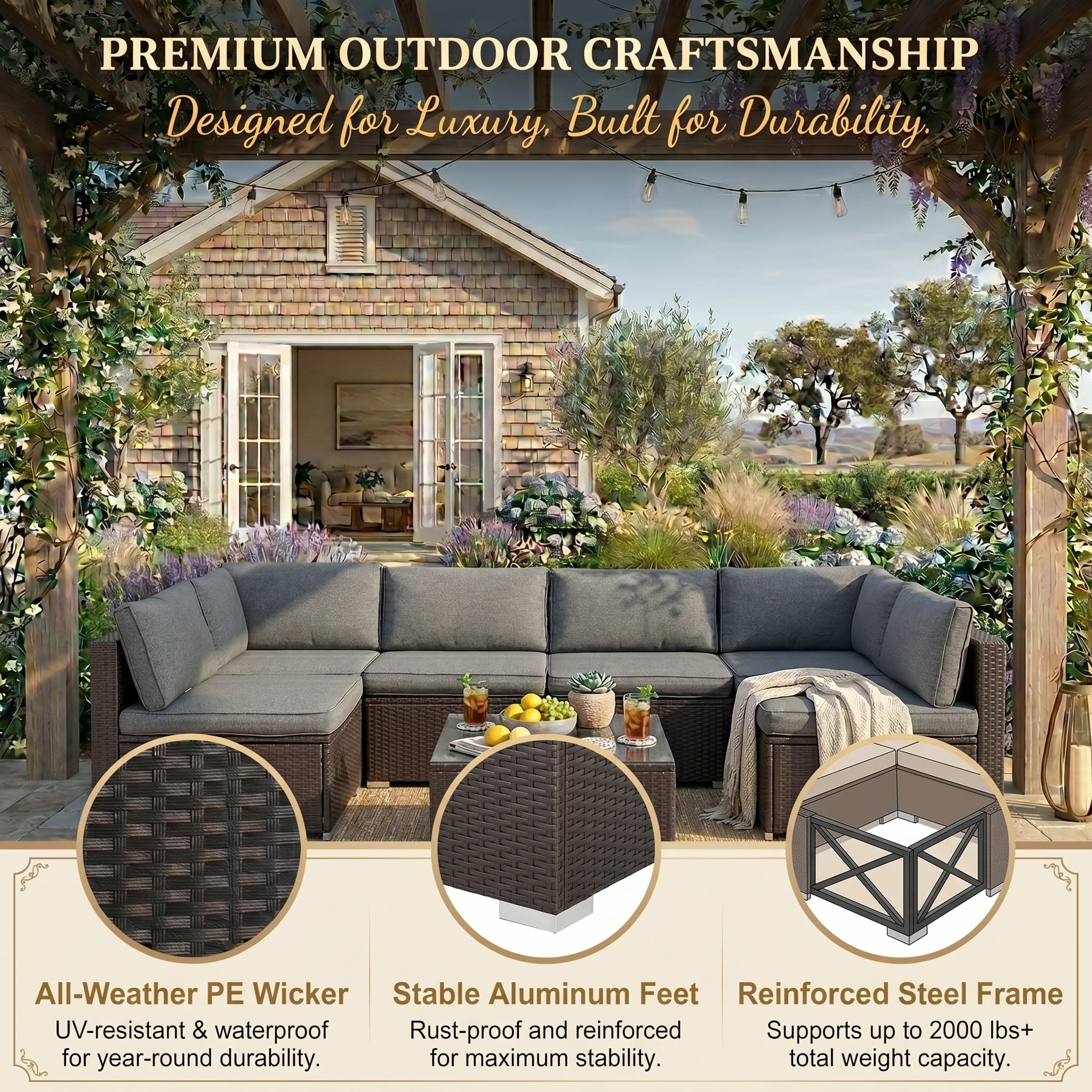 Howcool 7-Piece Modular Outdoor Patio Furniture Set with Cushions and Tempered Glass Table