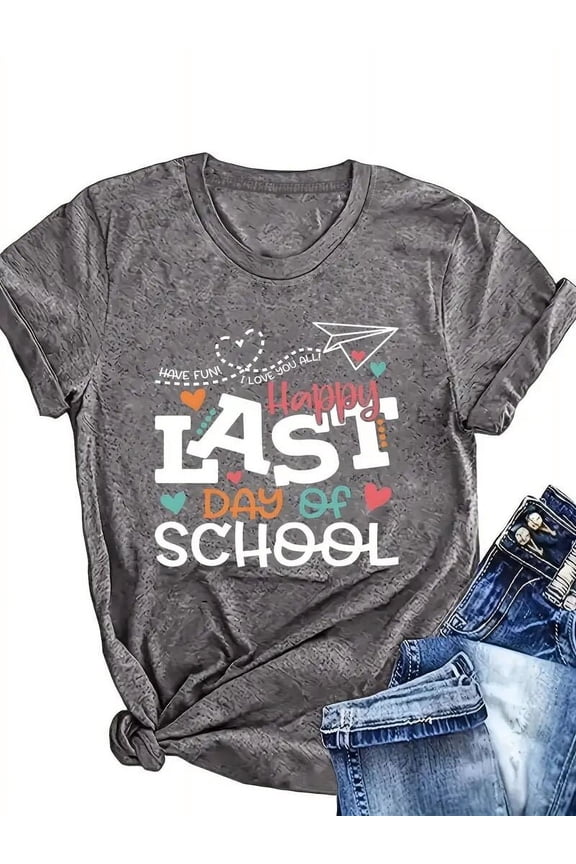 Women's Funny Last Day of School Teacher T-Shirt Summer Break Graphic Tee, Short Sleeve Casual Top Gift for Educators