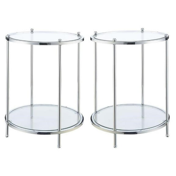 Home Square Two-Tier Round End Table in Clear Glass/Chrome - Set of 2