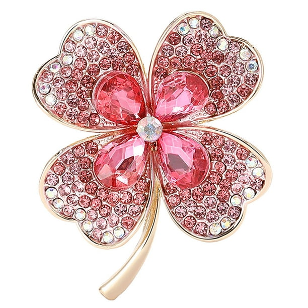 Elegante broche de trébol con cristales de imitación y trébol de cuatro hojas, para solapa, joyería del Día de San Patricio para mujer, accesorios de vestir, color rosa