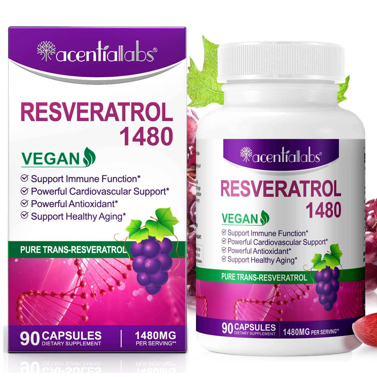 Resveratrol Supplement 1480mg, Antioxidant & Anti-Aging Support, Vegetarian, 90 Capsules