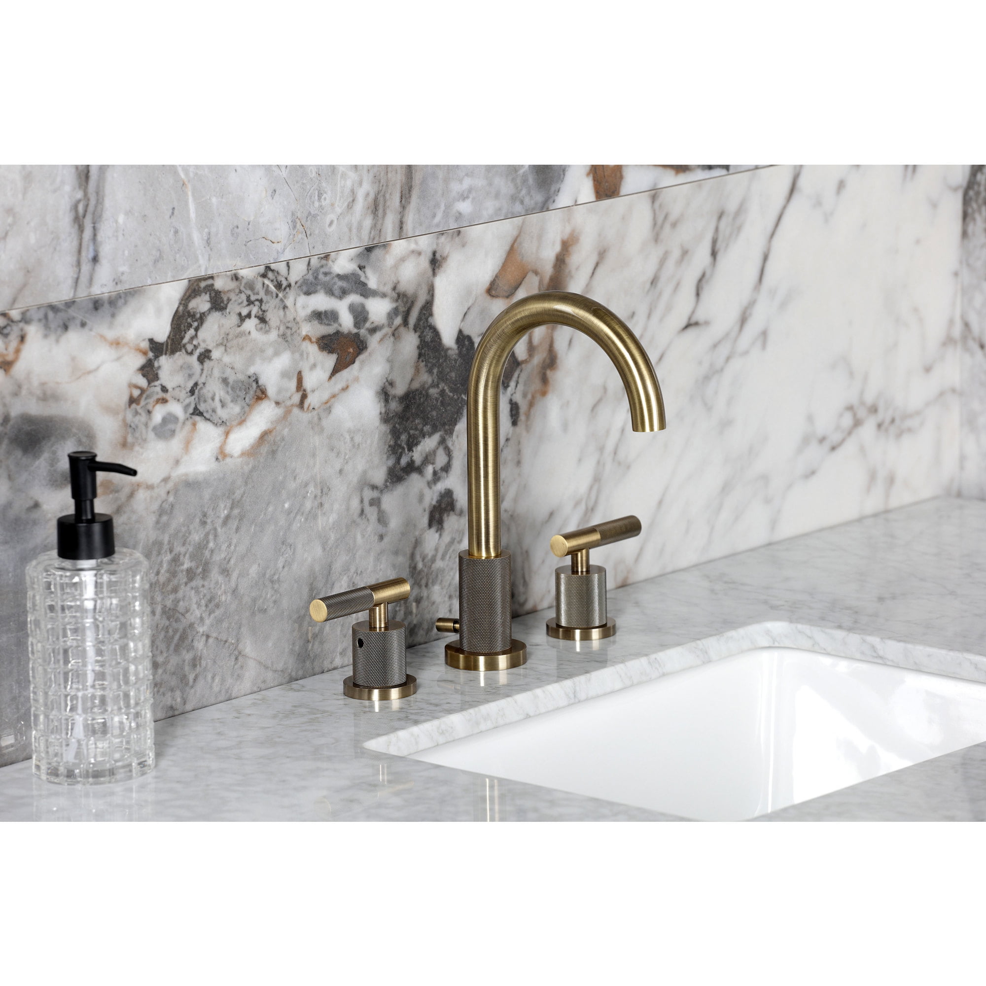 Kingston Brass FSC892KNLAB Convergent Two-Handle 3-Hole Deck Mount Widespread Bathroom Faucet with Knurled Handle and Brass Pop-Up in Antique Brass