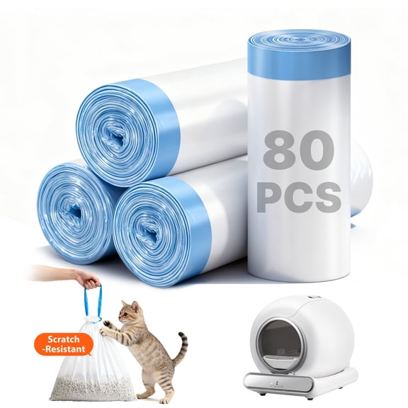 80 Counts Cat Litter Box Liners, Compatible with Automatic Self-Cleaning Litter Boxes, Thick Drawstring BagsThick Heavy Duty Cat Litter Bags Replacement