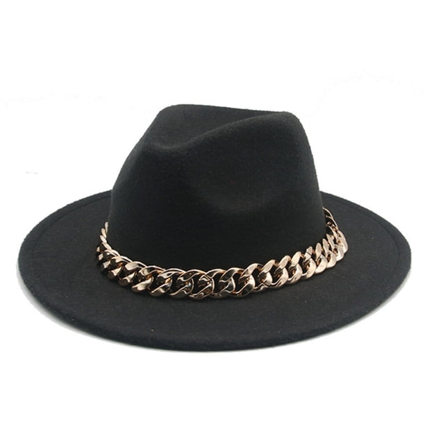 Sombrero Fedora Minnieouse Unisex Sattin Ala ancha Cálido Collar de oro Negro