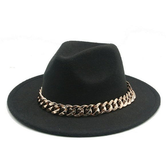 Qarigey Sombreros Fedora Unisex de ala ancha collar de oro gorra de lana Color sólido elegante sombrero de lujo sombrero flexible mujeres boda Sombreros Negro