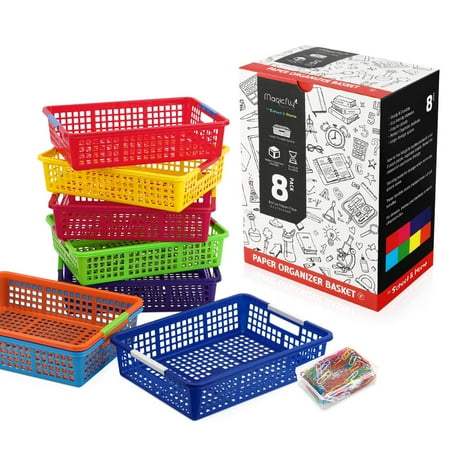 Organizer With Baskets Magicfly Paper Organizer Basket, Pack of 8, Colorful Plastic Bins with Handles, Classroom Office File Holder, Plastic Baskets Organization Trays for School Supplies, Drawers, Office, Bonus Paper Clips ()