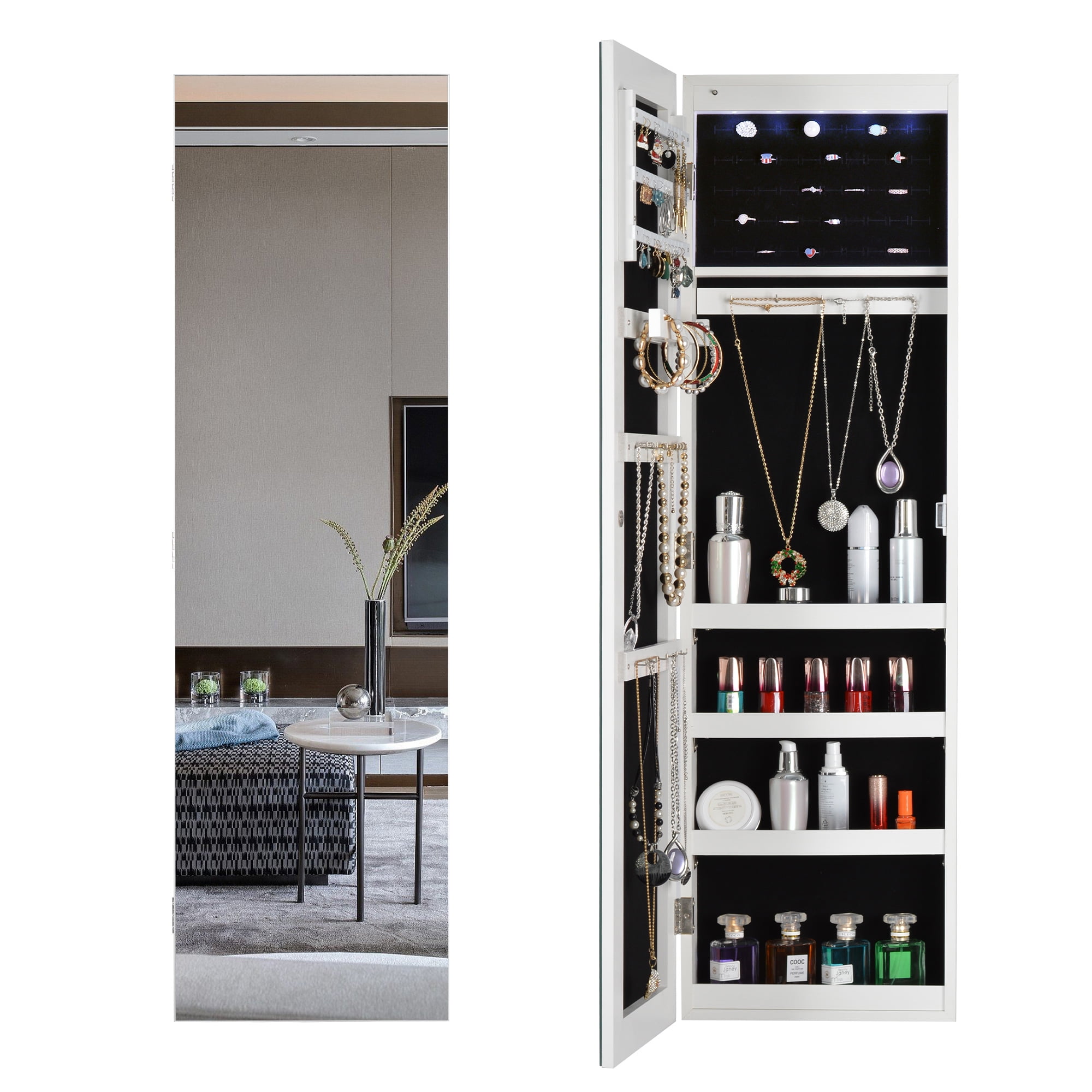 Resenkos Wall Door Mounted Jewelry Armoire Mirror with LED Light, Simple Lockable Jewelry Storage Organizer White Resenkos Wall Door Mounted Jewelry Armoire Mirror with LED Light, Simple Lockable Jewelry Storage Organizer White