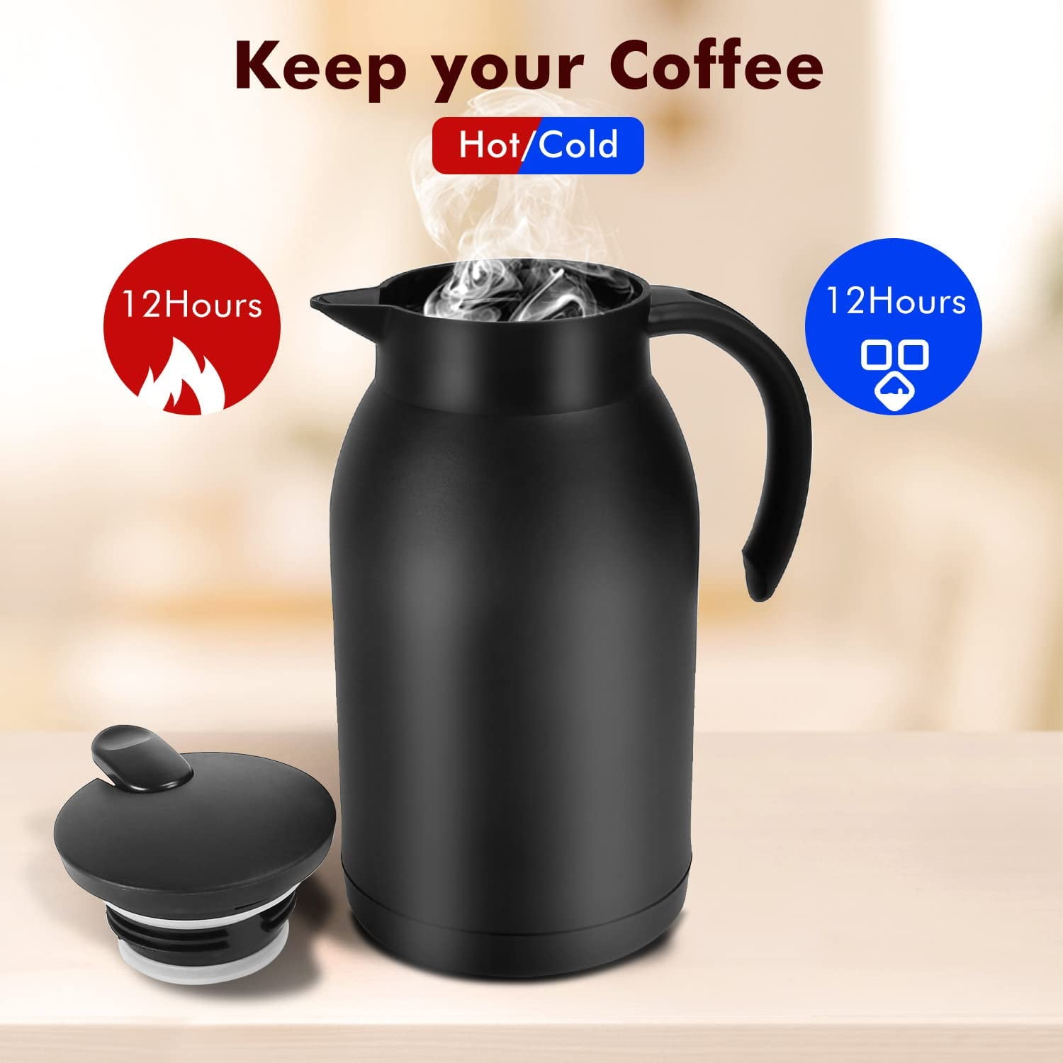 Flantor 68oz Thermal Coffee Carafe Insulated Coffee Thermos Pitcher,  Stainless Steel Double Walled Vacuum Insulated Pot, Tea Water Coffee  Hot/Cold Beverage Dispenser, Keeping Hot 12 Hours (Black) 