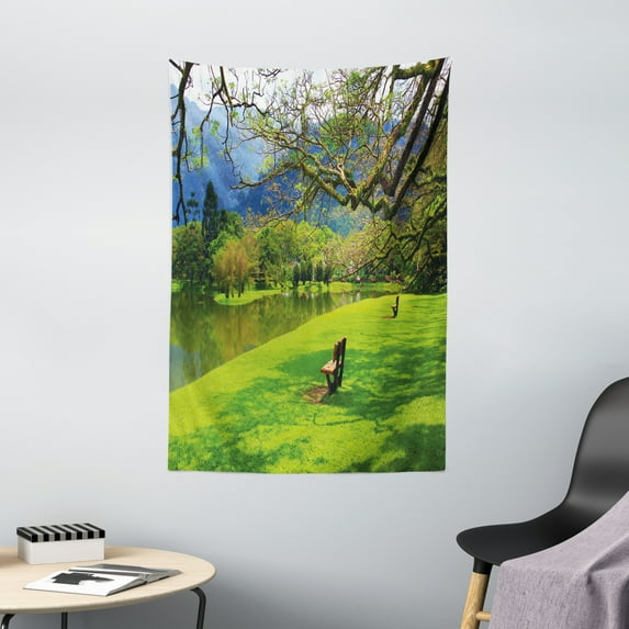 Nature Tapestry, Panoramic View of Public Lake Garden at Asian Park Idyllic Landscape, Wall Hanging for Bedroom Living Room Dorm Decor, 40W X 60L Inches, Lime Green Violet Blue, by Ambesonne