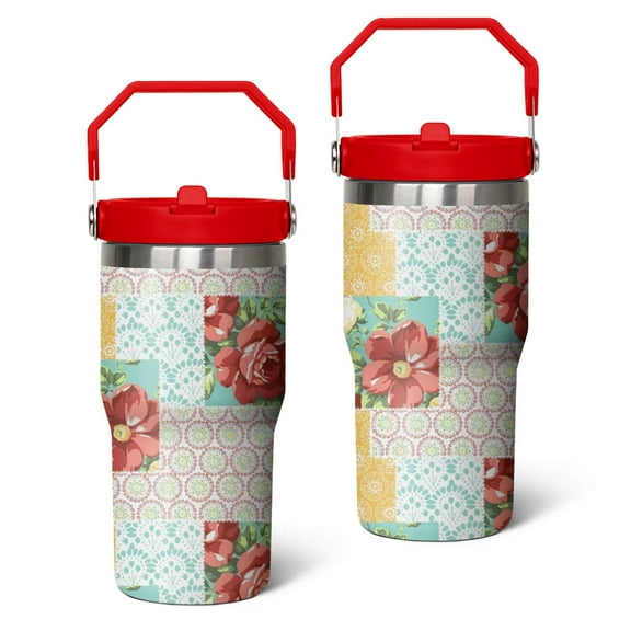 20oz Bohemian Style Stitching Colorful Floral Stainless Steel Tumbler with Top Handle,Pioneer Travel Coffee Mug Flip Straw Cup,Gifts for Women Girls Men Adults
