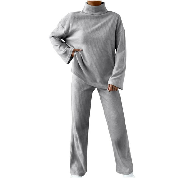 Two Piece Sets for Women Solid Color Loose And Fashionable Knitted High Neck Slit Top Pocket Pants Casual Set Suit