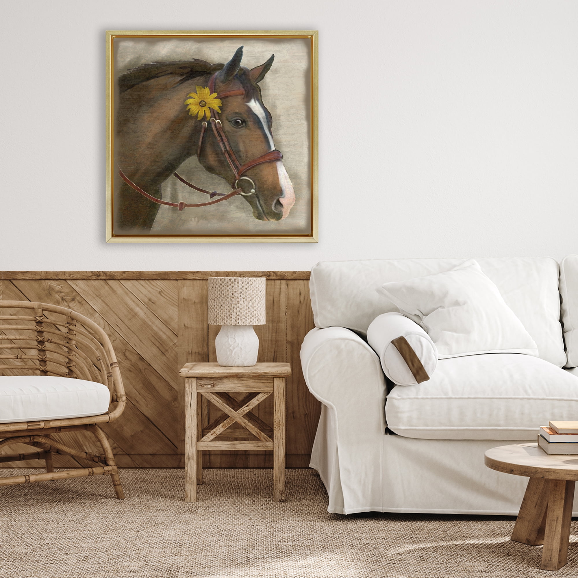 Stupell Industries Barnyard Horse with Daisy Gold Framed Floater Canvas Wall Art, design by Suzanne Nicoll