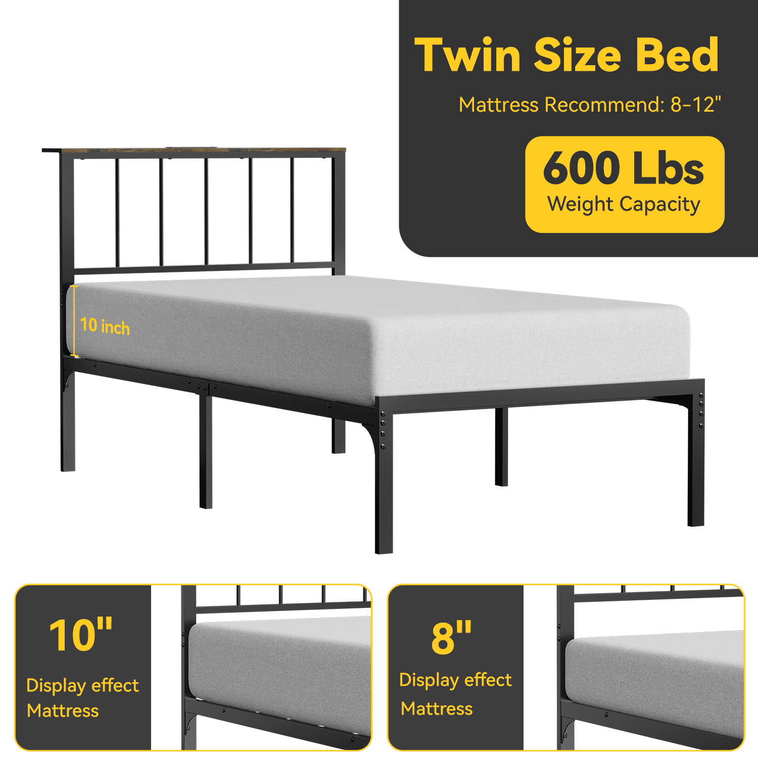 Behost Twin Bed Frame with Storage Headboard LED Lights Charging Station Adjustable Metal Frame Platform Bed Black