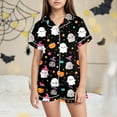 thumbnail image 2 of mgoYE Girls PJ Set Girls Satin Pajama Set Halloween Pumpkin Ghost Print Shirts and Shorts Short Sleeve Button Soft 2 Piece Outfits|Pink 8-9 Years, 2 of 5