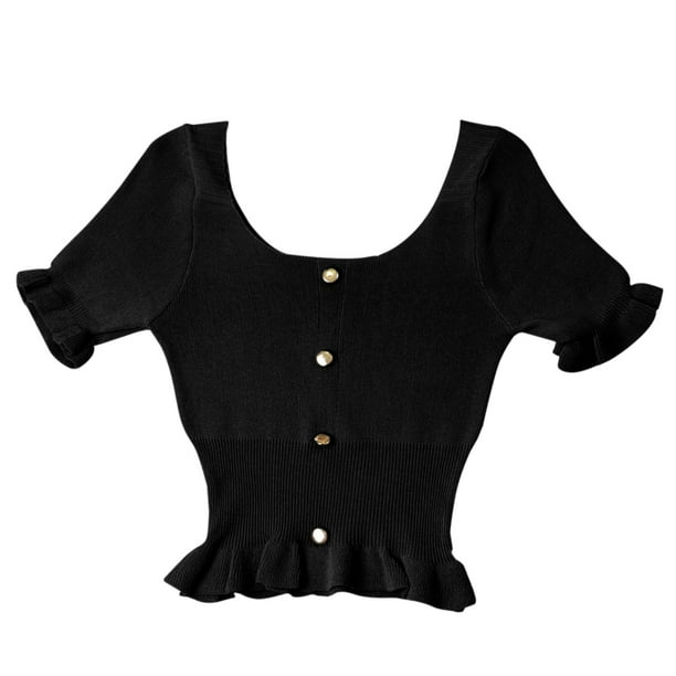 Camiseta de punto para mujer, manga corta, cuello cuadrado, corte ajustado, botón superior, negro Scienceny AP001523-01B