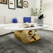MDQMD Oval Coffee Table Modern Minimalist Faux Marble Top with Gold Stainless Steel Base, Art Deco Luxury Space-Saving Design for Living Room, 49.2"L x 27.6"W White & Gold Center Table