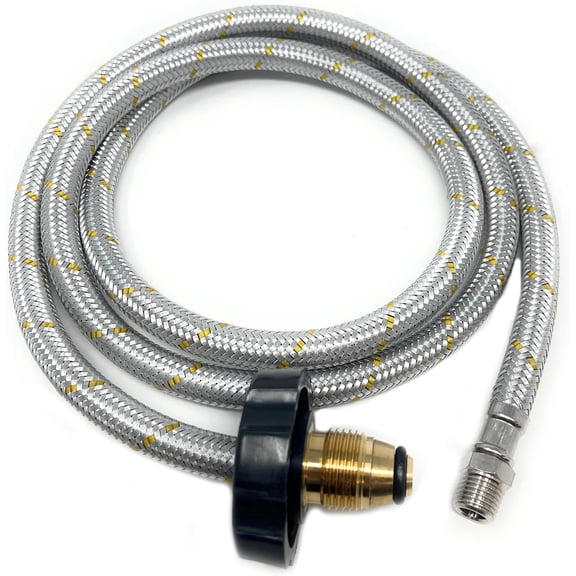 5ft Low-Pressure Propane Hose, Braided Aluminum Reinforced Gas Assembly with 7/8” POL Left-Handed Nut and ¼” Brass Male NPT Fitting, For RVs, Grills, Fire Pits, Etc. [MADOL]