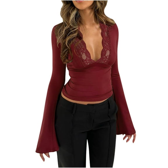 Kaemgyyd Cropped Shirts for Women Long Flare Sleeve V Neck Tops Lace Slim Solid Tee Going out Tops Casual Fashion Fall Outfit