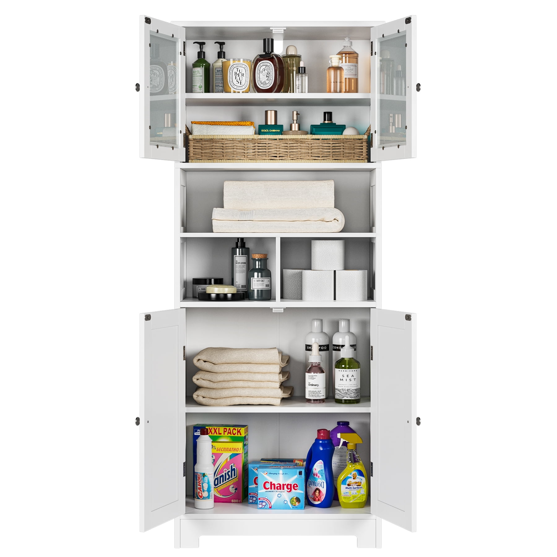 Homfa 58'' Tall Bathroom Cabinet with Doors and Shelves, Kitchen Hutch Linen Cabinet, White