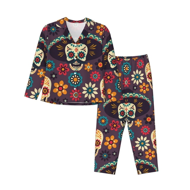 Fotbe Skulls and Flowers Conjunto de Pijama de Manga Larga para Mujer con Estampado, Ropa de Dormir de 2 Piezas, Conjunto de Casa Suave y Cómodo con Bolsillos-X-Large