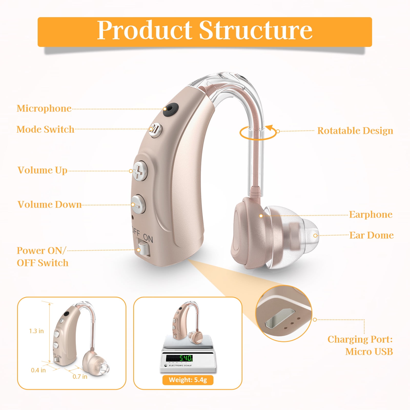 ELCTRTICI Hearing Aids for Seniors, 16-Channel Rechargeable Hearing Aid with Smart Noise Cancelling, 4 Modes & 8 Volume Levels, Single, Beige