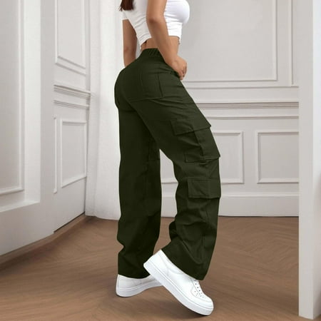 Plus Size Cargo Pants for Women High Waisted Elastic Waist Hiking Pants Baggy Stretchy Wide Leg Streetwear Trousers for Outdoor Work and Daily Wear Green XL