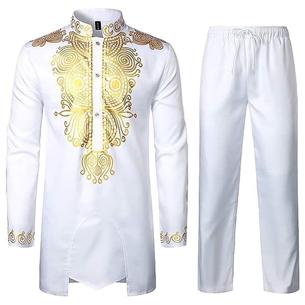 Traje tradicional de dos piezas para hombre de Cagnkofi: camisa bordada de manga larga con botones y pantalones, chándal.