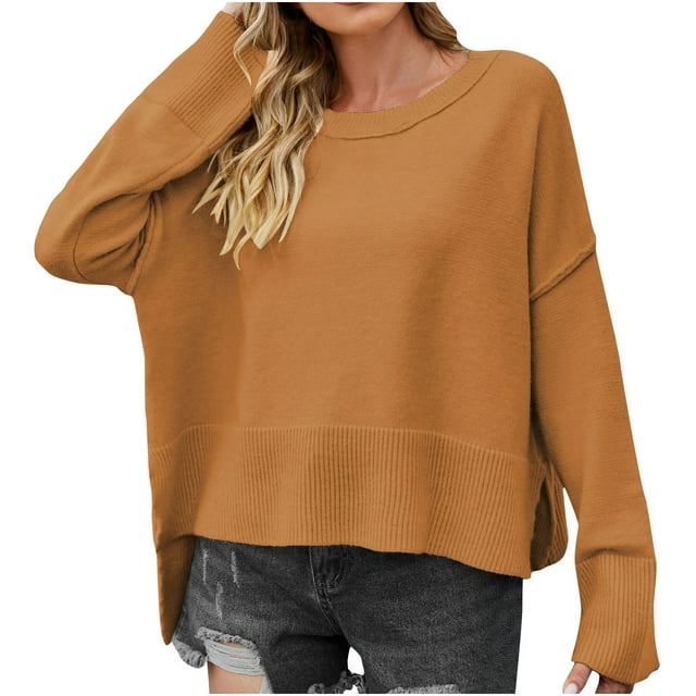 Besolor Women's Fall Spring Sweaters 2024 Casual Soft Crew Neck Long Sleeve Side Slit Knit Pullover Jumper Tops