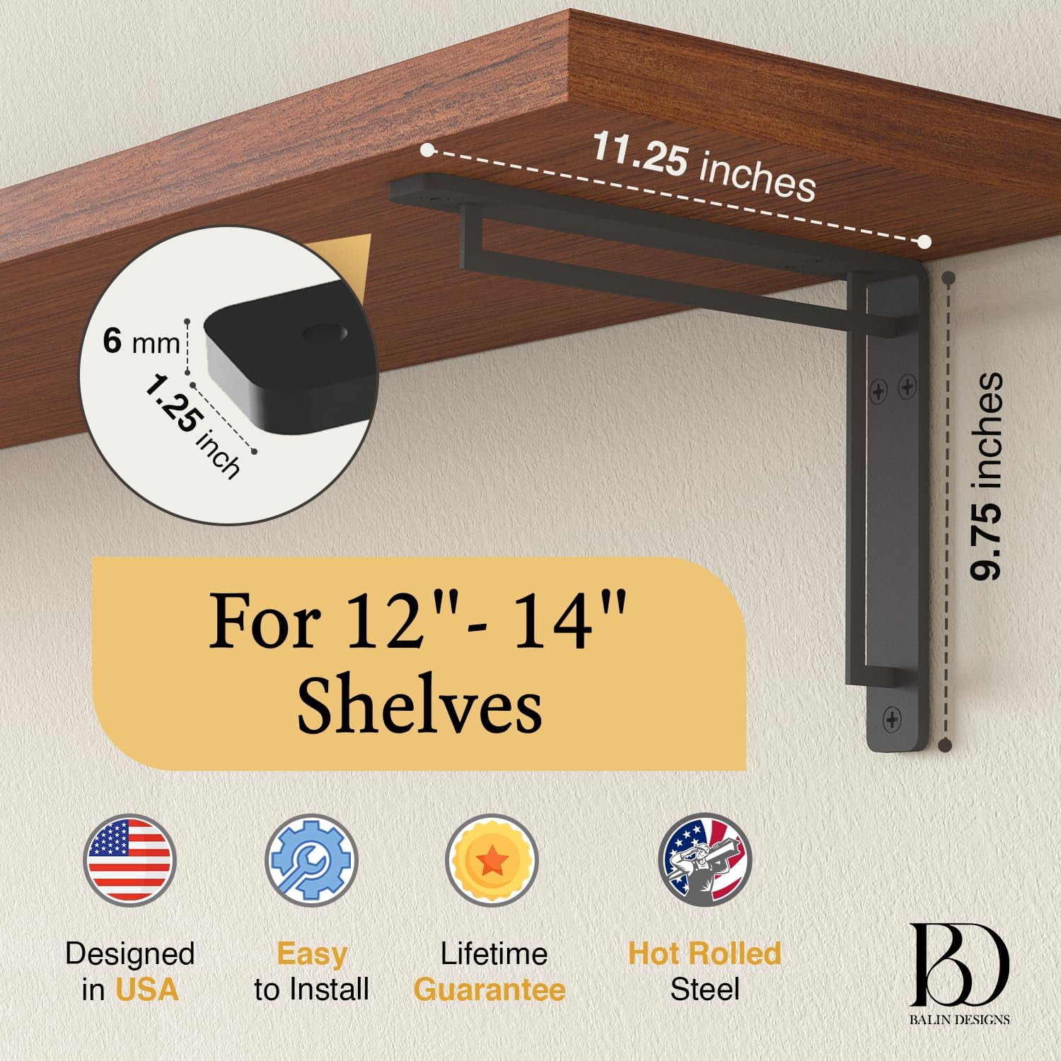 L Brackets by Balin Designs (Black) for 12"-14” Cross Style Shelves – Heavy Duty Decorative Metal Supports - Mantel Shelf - Easy Installation with Included Hardware - Set of 2