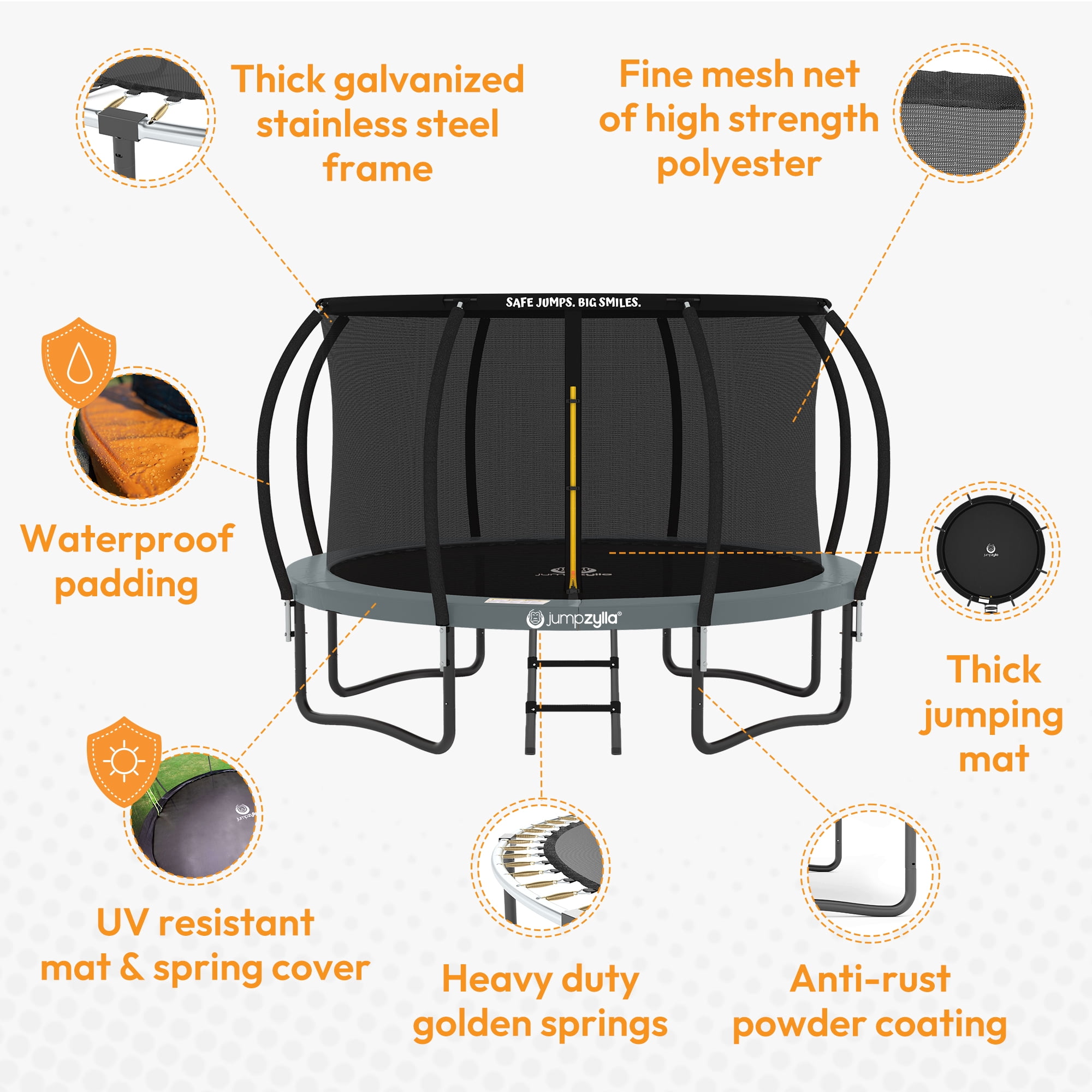 JUMPZYLLA Trampoline Outdoor with Enclosure and Ladder, ASTM, 12 ft, Gray