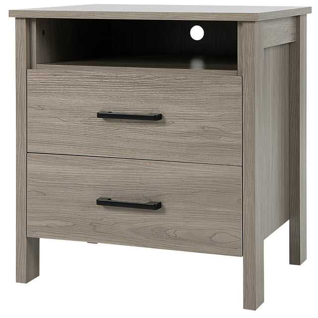 Costway Nightstand Drawers Rustic Side End Table Storage Compartment Cable Hole Oak