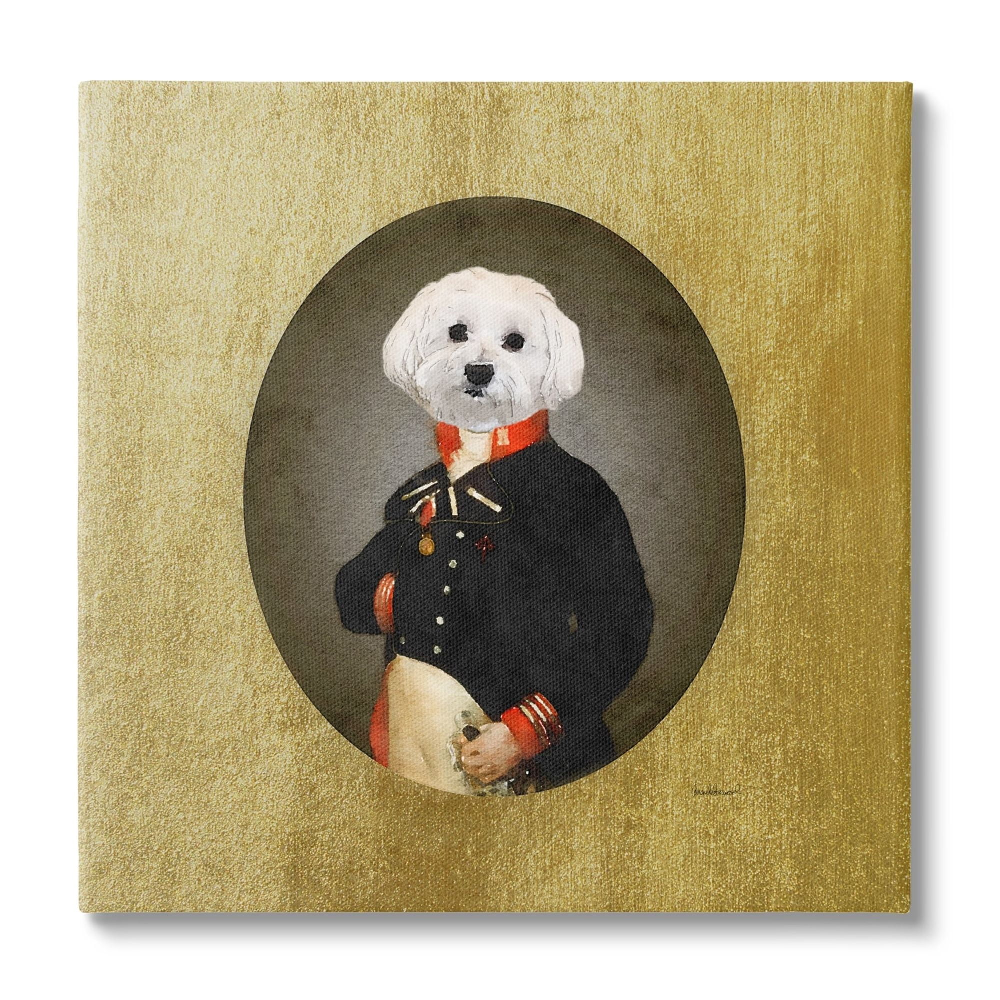 Stupell Industries Funny Classic Vintage Style White Dog Wearing Military Uniform Novelty Painting Gallery-Wrapped Canvas Print Wall Art, 24 x 24, Design by Amanda Greenwood