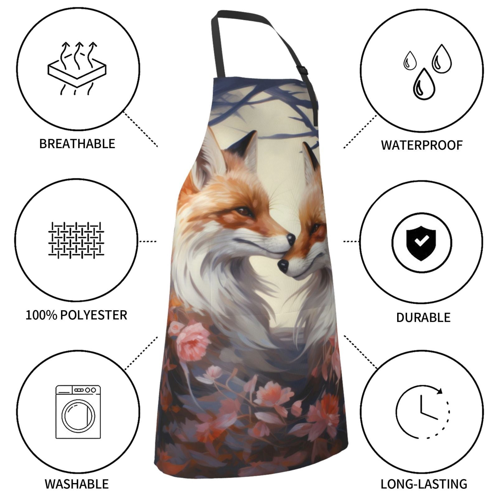 Kdxio Romantic Flower Fox Apron with Pockets Adjustable Kitchen Aprons for Men Women Waterproof Aprons for Cooking,Drawing,Crafting, Baking Household Cleaning