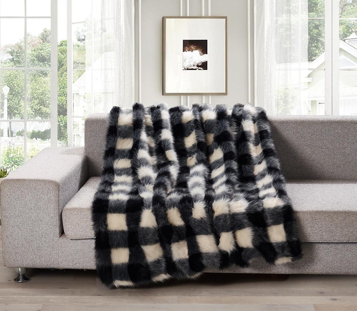 Extra Heavy Faux Fur Throw Blanket (50" x 60") Buffalo Check Black