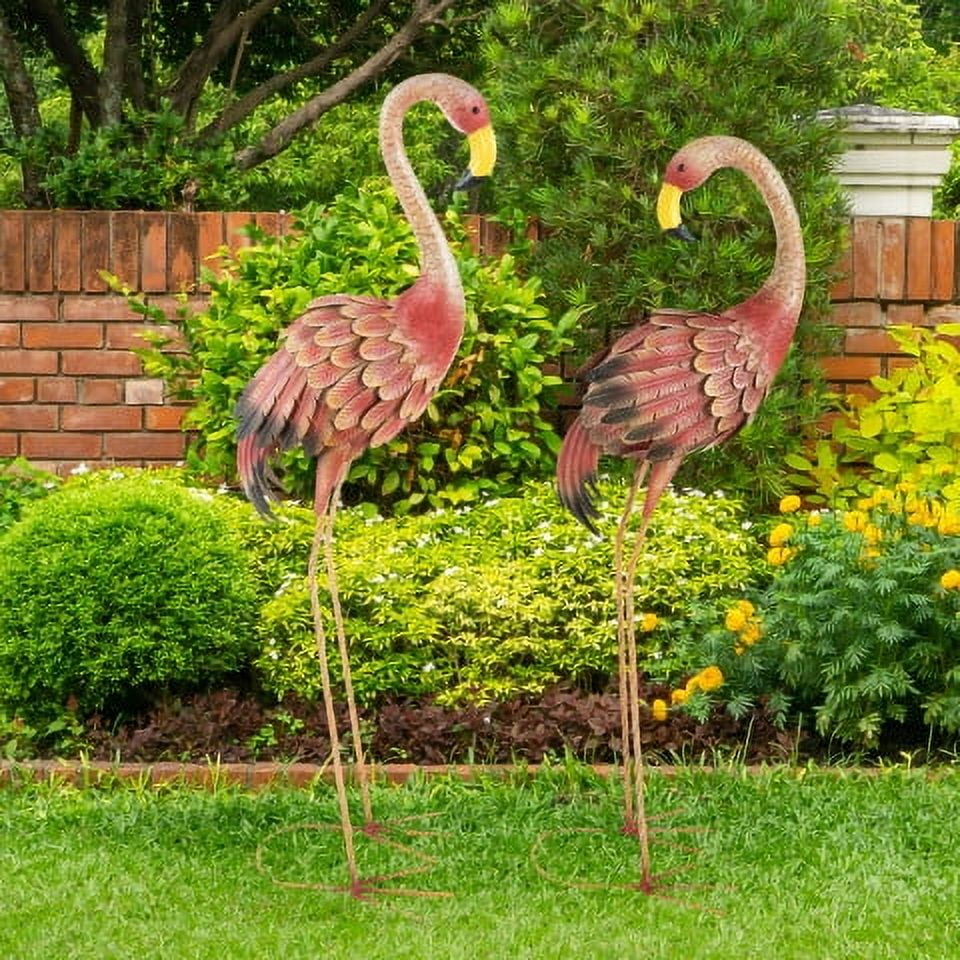 Pure Garden Set of 2 Metal Yard Art Flamingo Statues