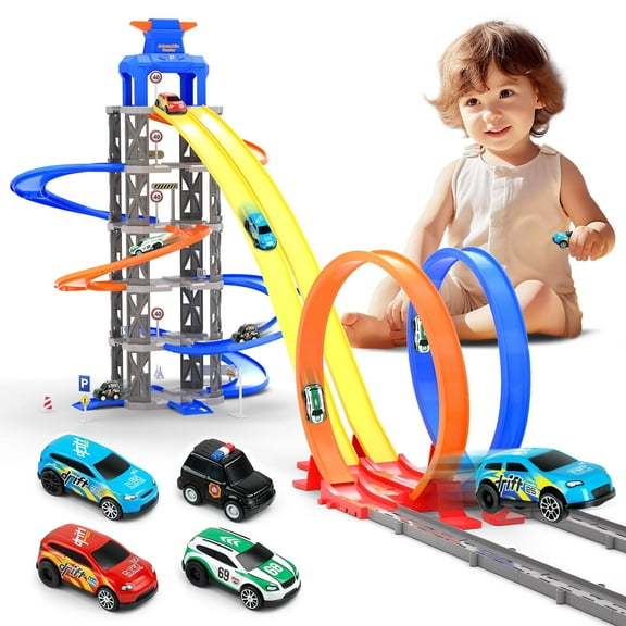 Loheer Slot Car Race Track Sets, Race Car Track Set with 4 Cars & 99 Track Pcs, Vehicle Playsets with 5-Story Parking Lot 360° Double-Loop, Gift for Girls Boys Age 4-12