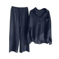 thumbnail image 2 of ClodeEU Women's Two Piece Set, Solid Color Single Breasted Long Sleeve Notched Collar Shirt ,Loose Wide Leg Pants Casual Fashion Outfit Navy,Womens Plus XXL, 2 of 5
