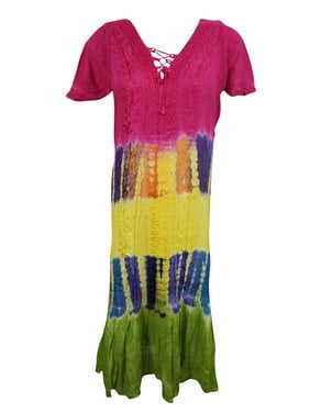 Mogul Women's Tie Dye Dress Colorful Embroidered Cap Sleeve Rayon Dresses