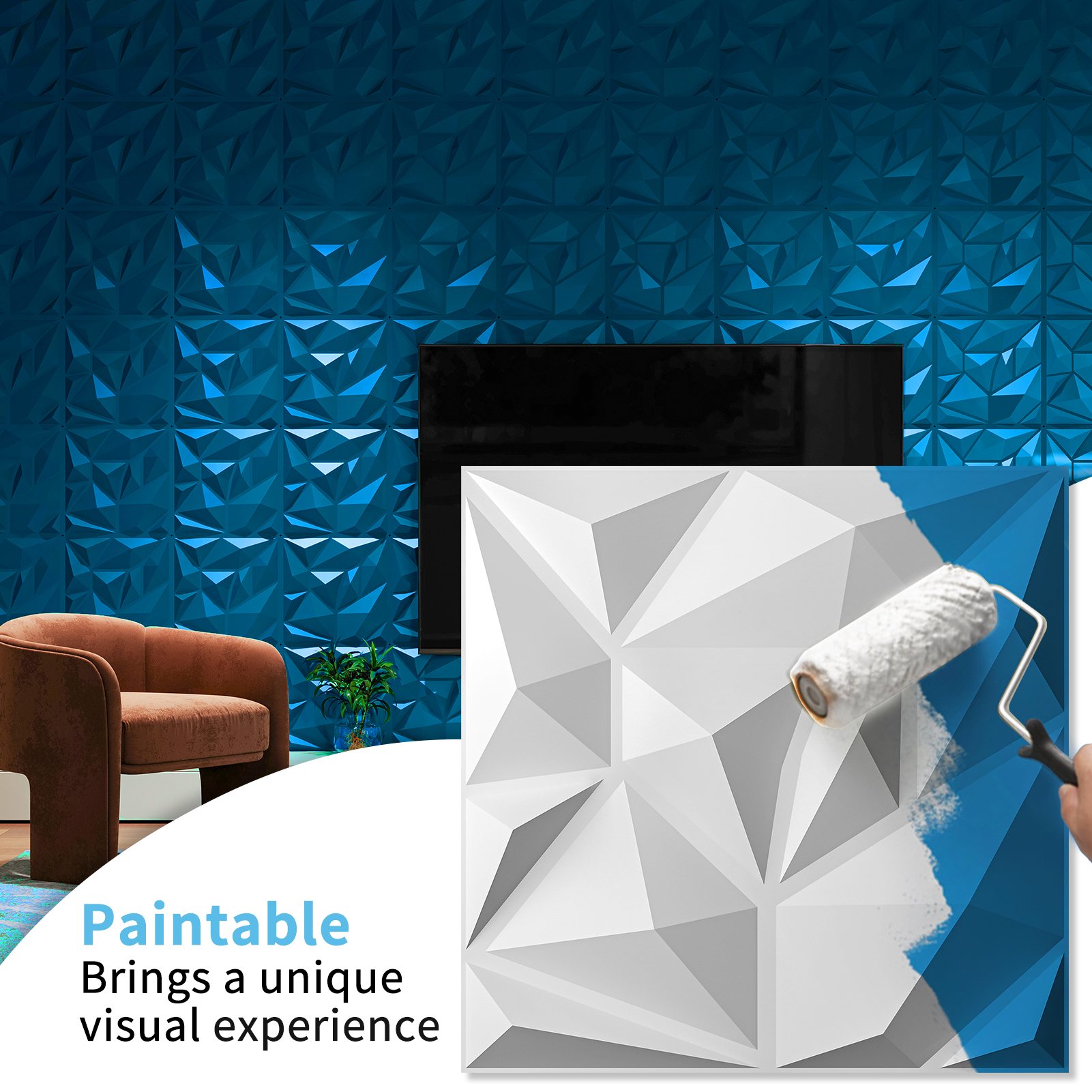 20Pcs 11.8''x11.8'' 3D Wall Panel Diamond for Interior Home Decor,White PVC Wall Coverings,Waterproof PVC Panel (19.3 Sq.ft/Case)