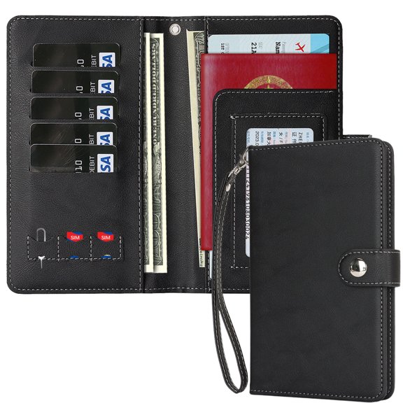 ELEHOLD RFID Blocking Passport Holder Wallet Travel Document Organizer with Removable Wrist Strap High-Quality Leather Case for Cards, ID, Passport, Cash for Men Women,Black