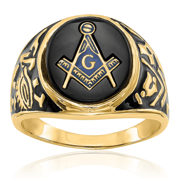 14K Solid Yellow Gold Mens Black Oval Onyx Master Mason Signet Freemason Masonic Ring