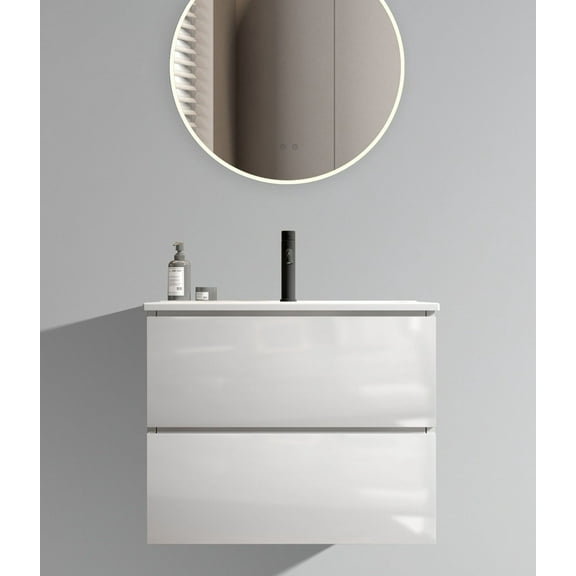Vanity With Sink, Wall Mount 24" White Glossy Bathroom Vanity with Ceramic Sink with one faucet hole, Large Storage Floating Bathroom Vanity for Modern Bathroom, Pre-assembled, Bathroom Vanity