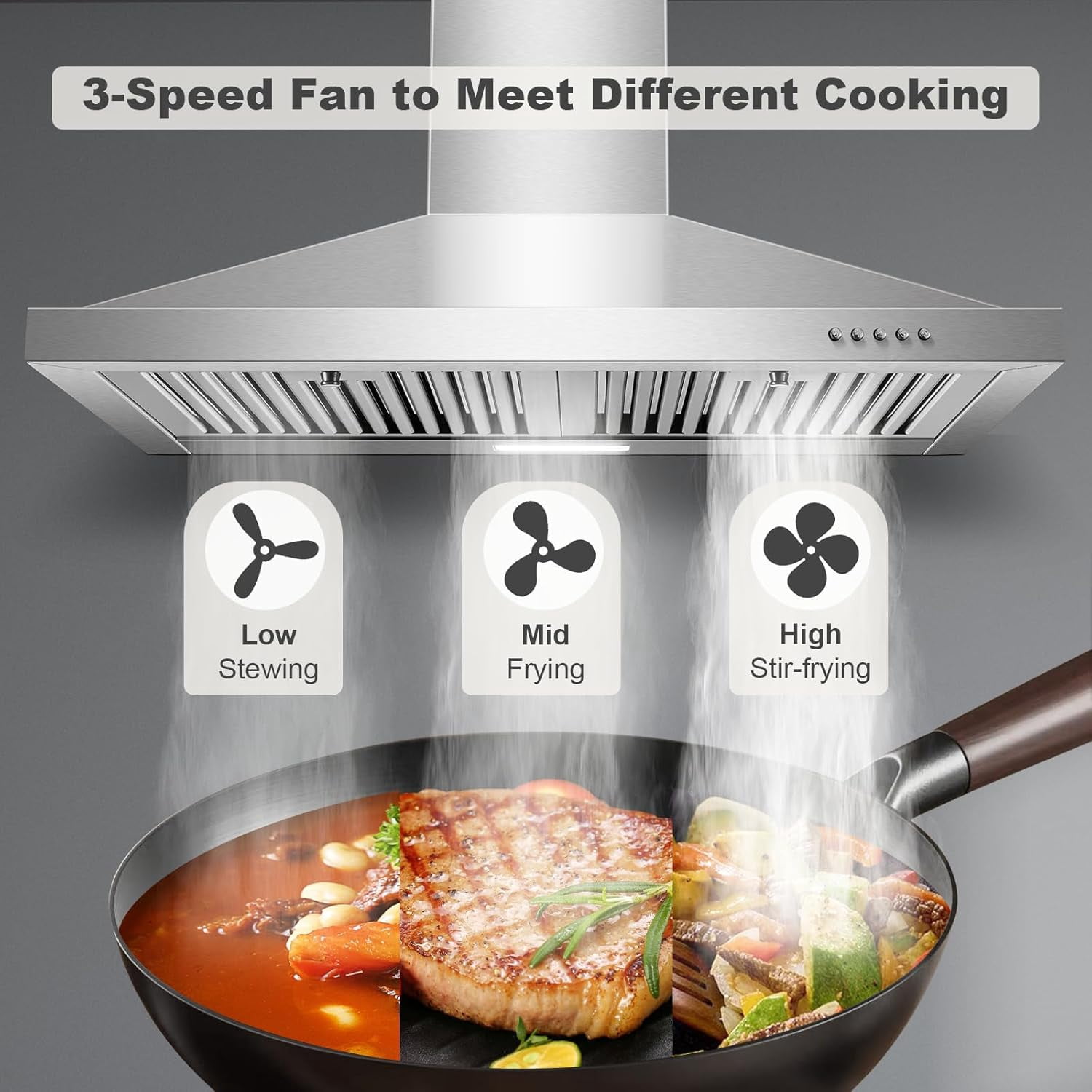 Joeaonz 30-Inch Wall Mount Range Hood, Stainless Steel, 450CFM, Ventless/Ducted, Ultra Quiet, LED Light, 3-Speed