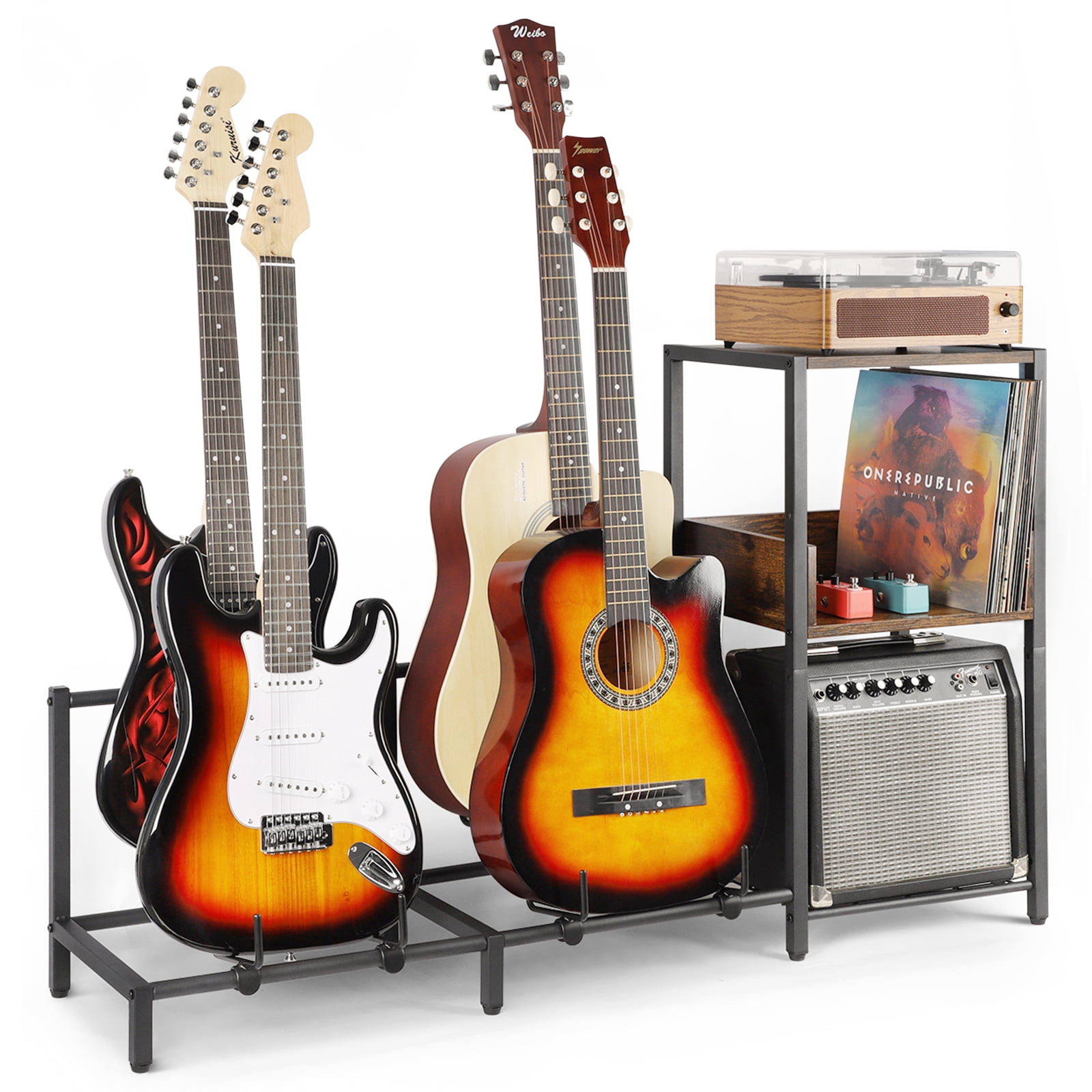 Olakee Adjustable 4-Tier Guitar Stand for Acoustic Electric Bass, with Wood Shelf for Amp Accessories Vinyl Records, Home Studio Rack (Patent)