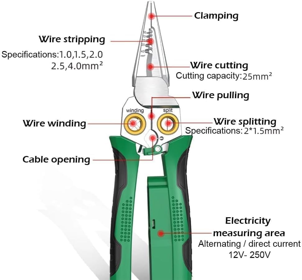 8 in 1 Wire Stripping Pliers, 8 in 1 Wire Stripper with Voltage Tester, Pinzas Para Electricista, Multi-function Electric Wire Stripping Tool for Cutting and Pulling (Red)