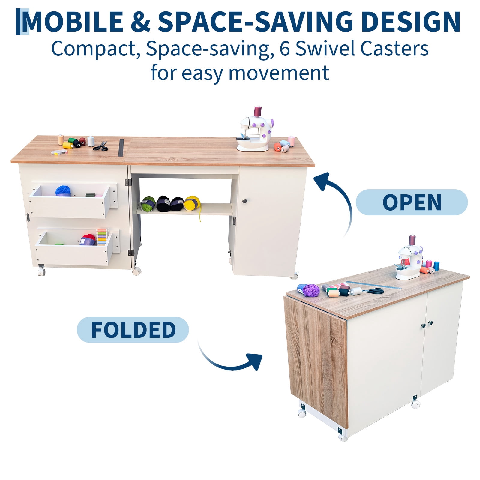 Gaderth Folding Sewing Table, Multipurpose Portable Craft Station & Side Desk with Caster Wheels, Storage Shelves, 2 Storage Trays, Magnetic Doors
