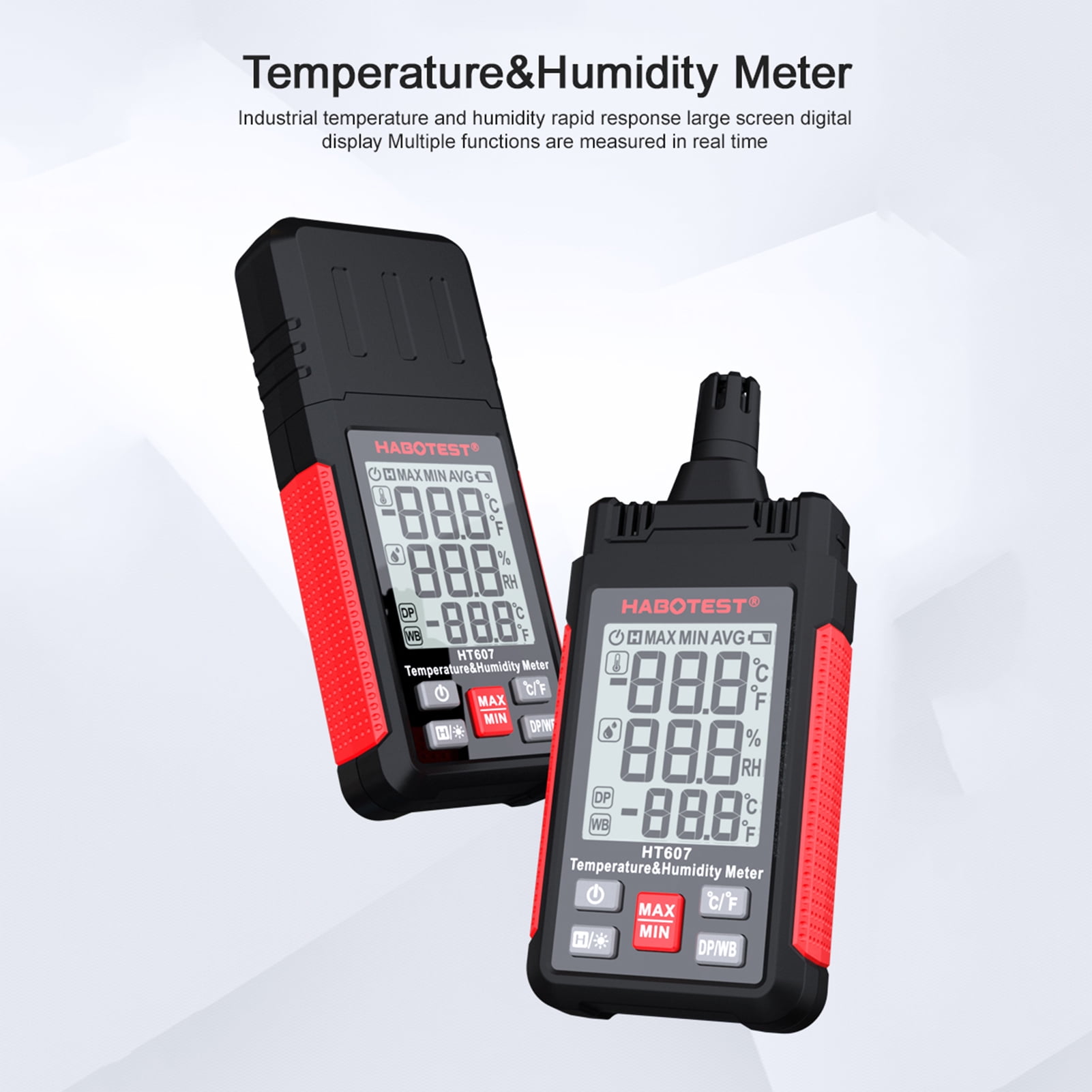 HABOTEST HT607 Digital Hygrometer Handheld Temperature & Humidty Meter Thermo-hygrometer LCD Thermometer Hygrometer Psychrometer Bulb Dew Point Temperature Humidity Detector with Max/Min/Da