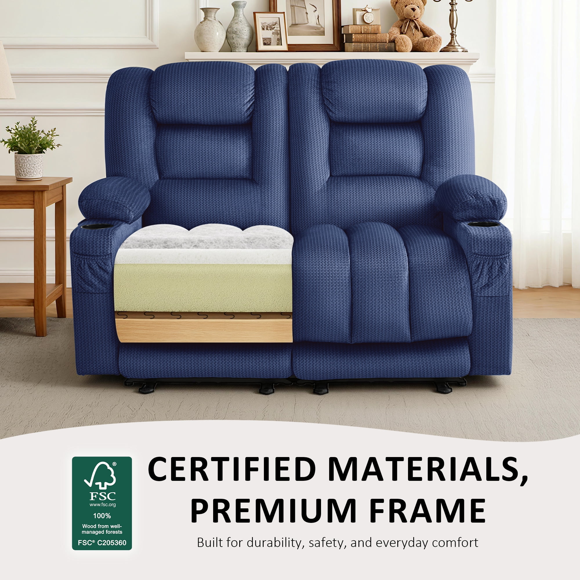 MCombo 55.9" Power Loveseat Recliner Sofa with Heat and Massage for Living Room, Fabric(Navy Blue)