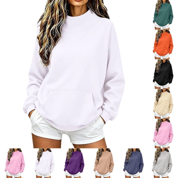UDAUDU Womens Mock Neck Sweatshirts Oversized Long Sleeve Sweater Tops 2026 Fall Winter Fashion Turtleneck Pullover Sweatshirt White L